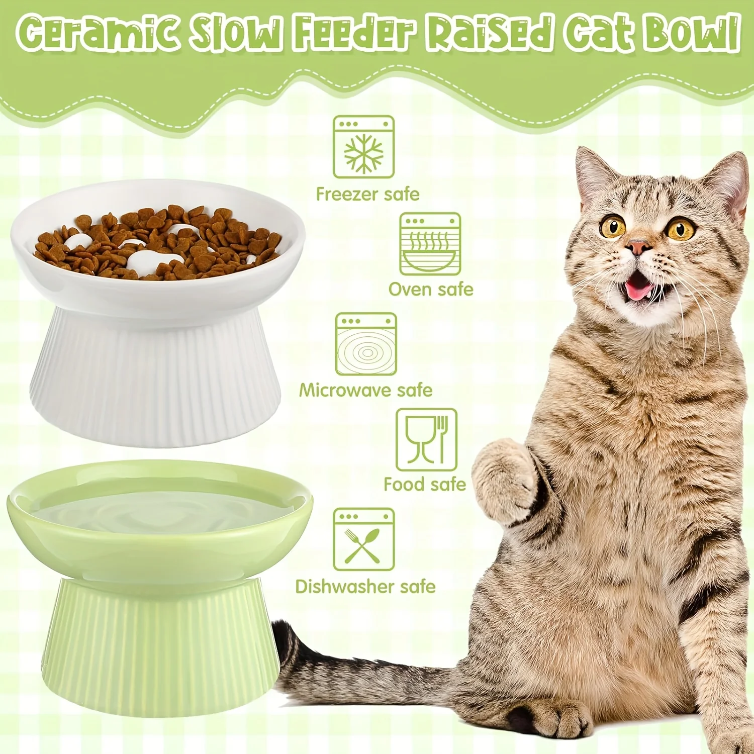 2pcs Ceramic Elevated Slow Feeder Cat Bowls - Heart-Shaped Design, Raised Food & Water Dishes for Cats & Small Dogs, Dishwasher Safe, White & Green Pet Bowls with High Edges to Prevent Spillage, Nontoxic Material, Multipet Households